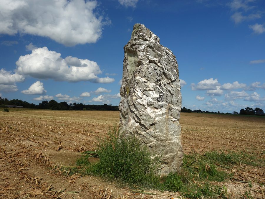 Der mehr als vier Meter hohe Menhir „La Haute-Pierre“ bei Champeaux im Département Ille-et-Vilaine