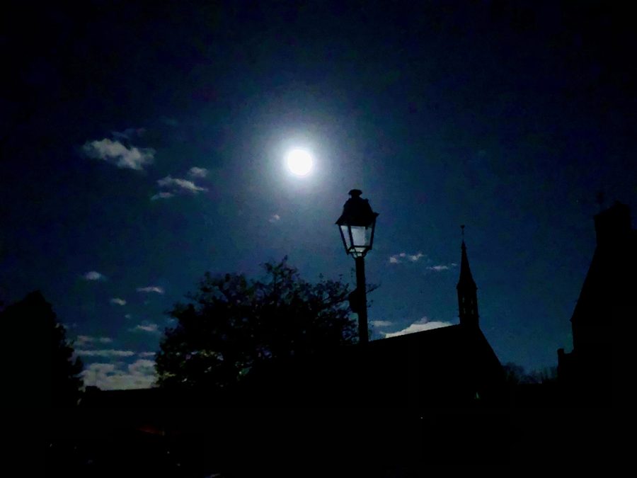 Saint-Pierre church in Plessix-Balisson at moonlight