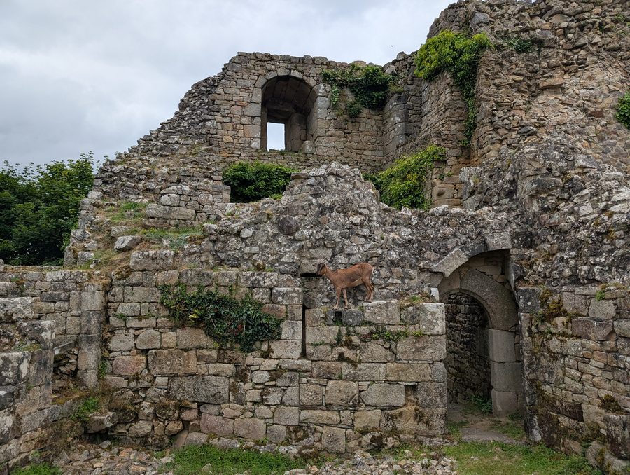 Château de Tonquédec, mittelalterlicher Festungsrest mit Türmen in der Landschaft des Léguer-Tals