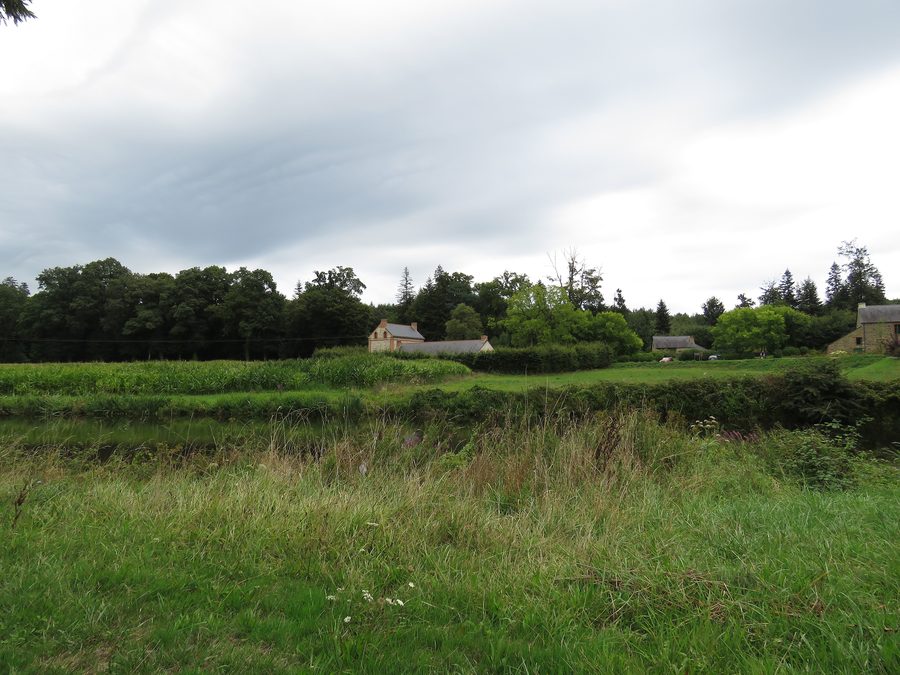 Ufer des Lié bei Les Forges mit dem Waldrand der Forêt de Lanouée im Hintergrund
